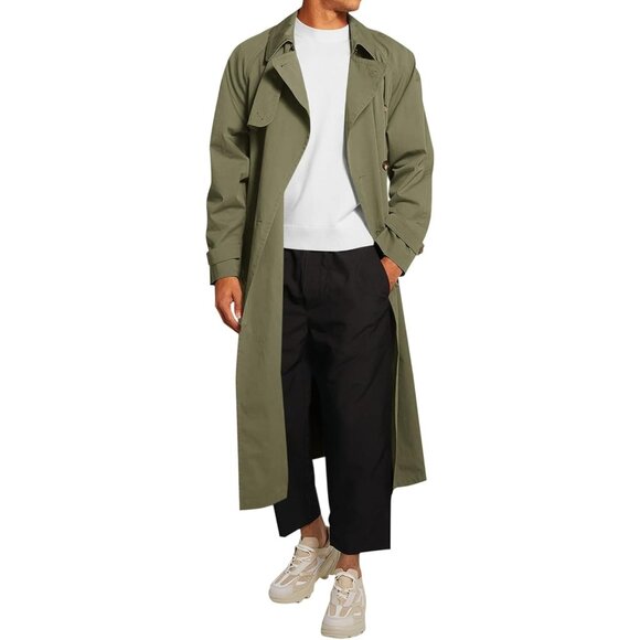 💫 Men Green Long Casual Trench Coat Double Breasted Belted